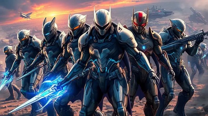 Armaduras futuristas en combate intenso vibrante