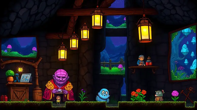 Habitación subterránea pixel art con luces