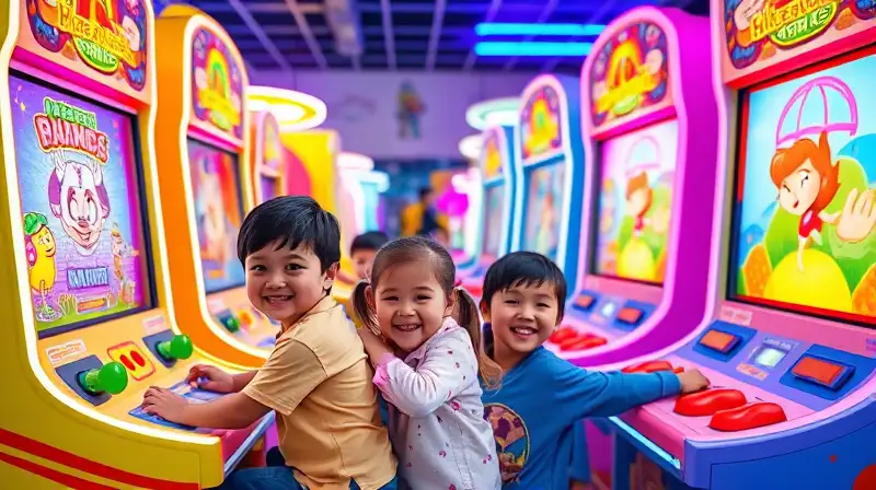 Niños felices juegan en arcade colorido
