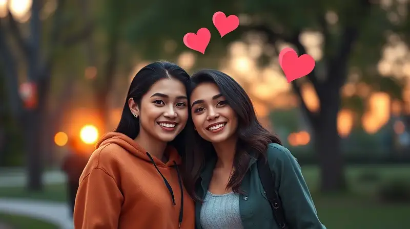 Dos Sims sonrientes en parque romántico