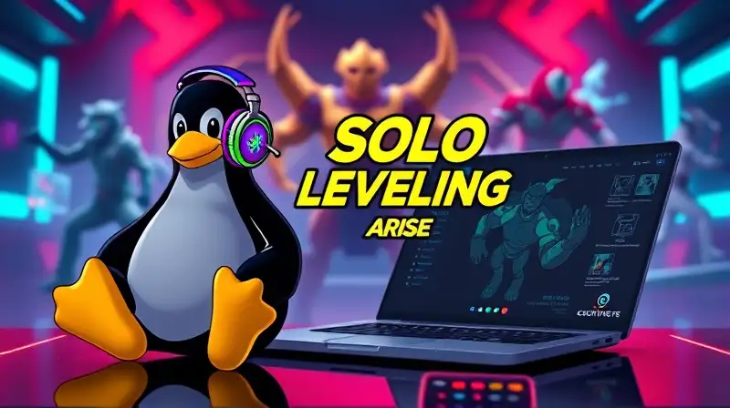 Tux jugando Solo Leveling en laptop Linux