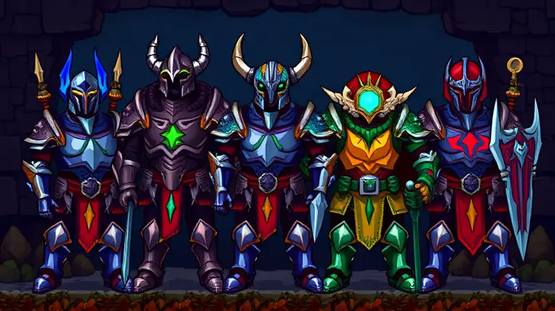 Armaduras pixel art medievales con efectos brillantes