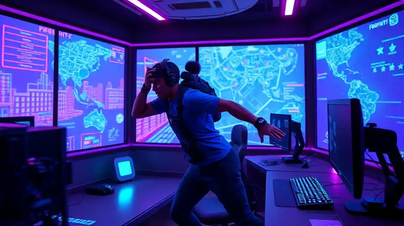 Gamer editando Fortnite rápido en ambiente futurista