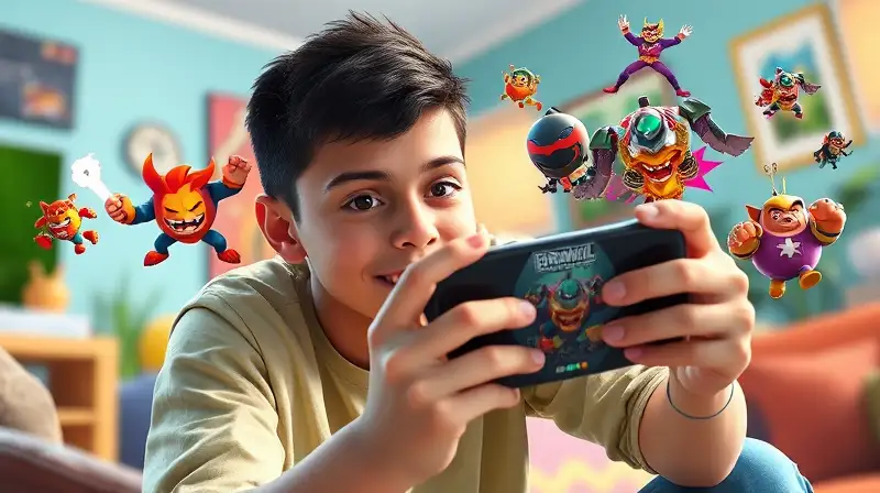 Joven gamer concentra en Brawl Stars vibrante