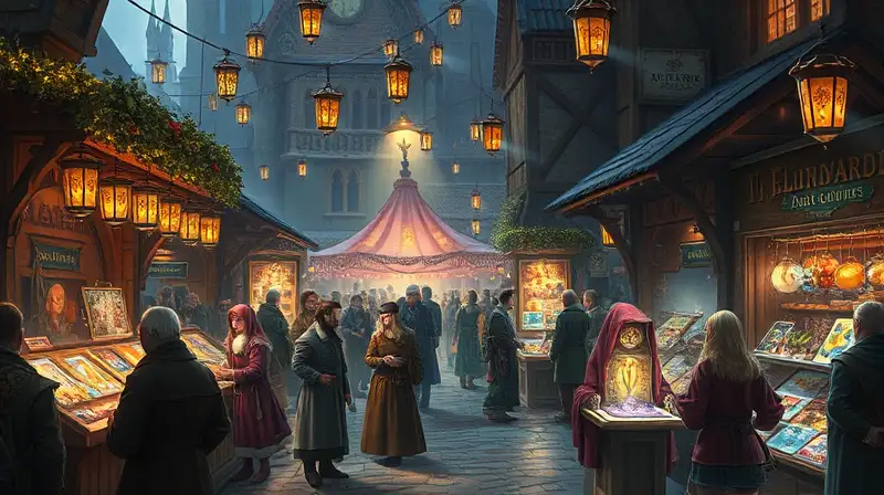 Mercado medieval vibrante con magia y vendedores
