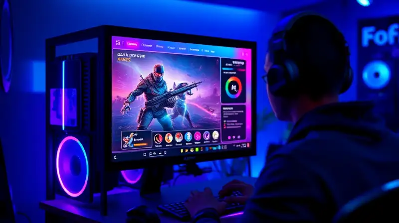PC gamer futurista con gráficos vibrantes