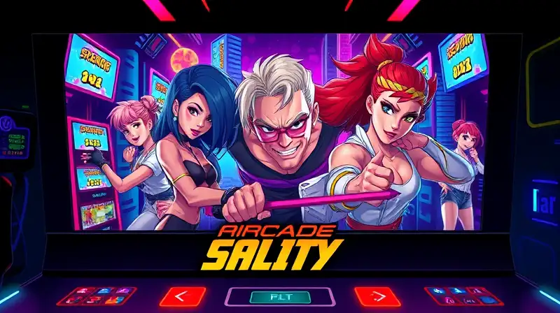 Arcade retro con personajes pixelados y neón