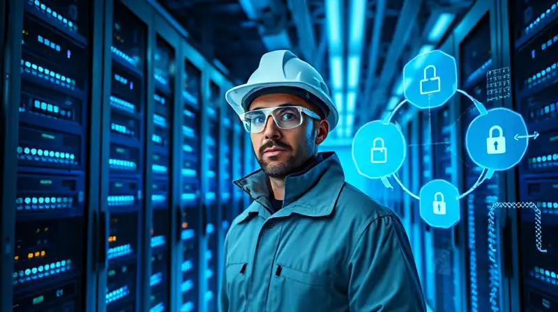 Centro de datos futurista con ingeniero atento