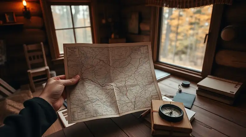 Persona con mapa vintage en cabaña acogedora