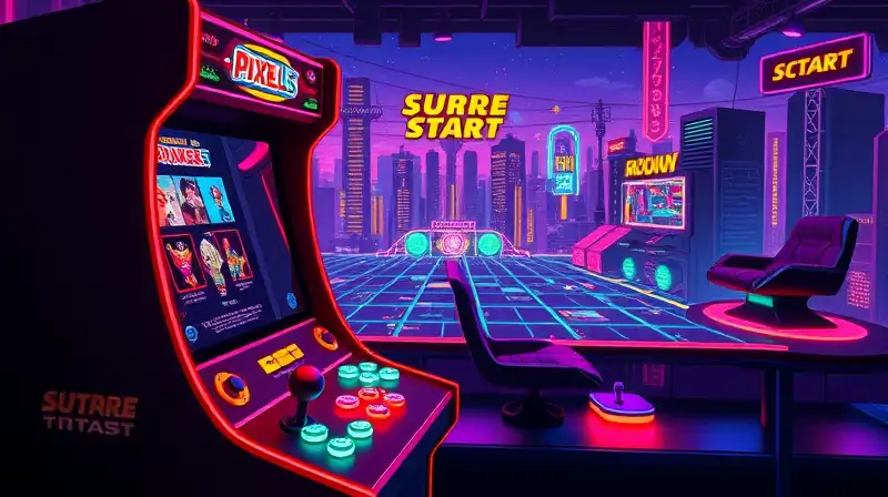 Máquina arcade retro con entorno cyberpunk