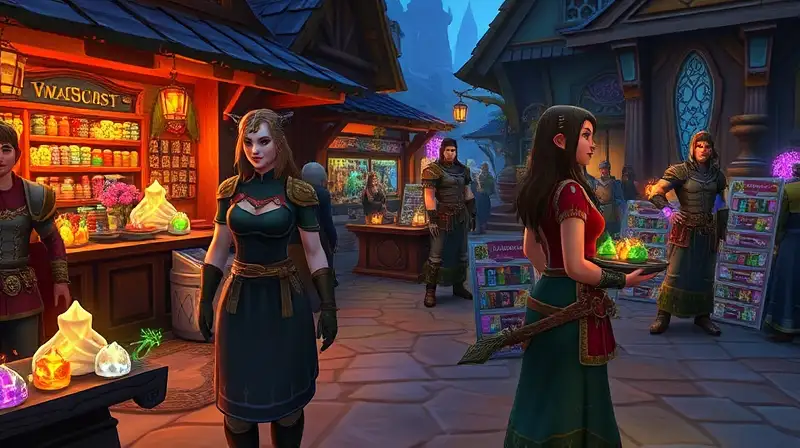 NPCs en mercado mágico con objetos encantados