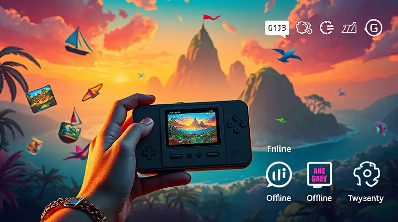 Persona con consola retro en isla fantástica