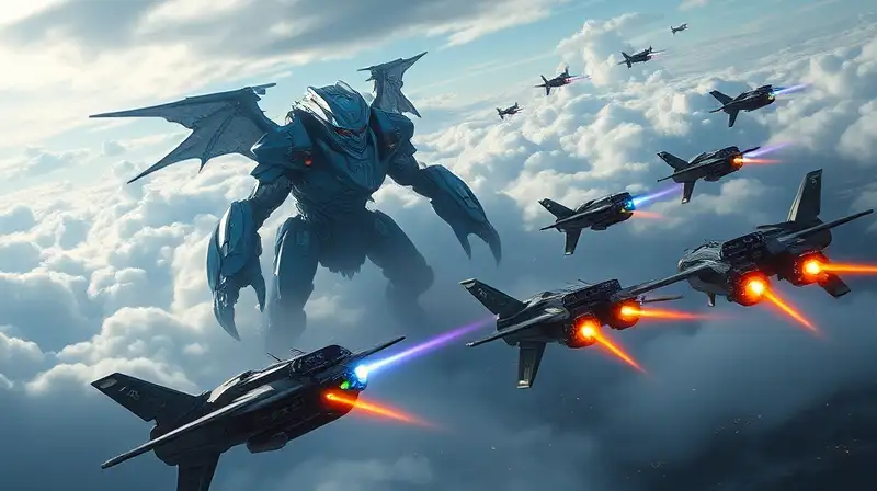 Batalla aérea futurista con criaturas biomecánicas