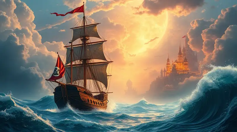 Barco pirata vibrante navega mapa fantástico