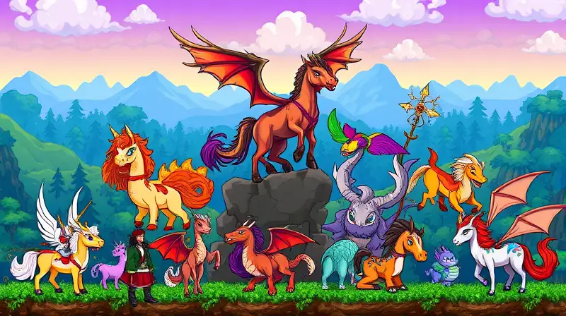 Monturas fantásticas coloridas en estilo pixel