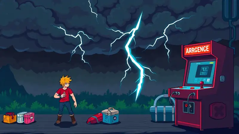 Escena arcade pixelada con tormenta y acción