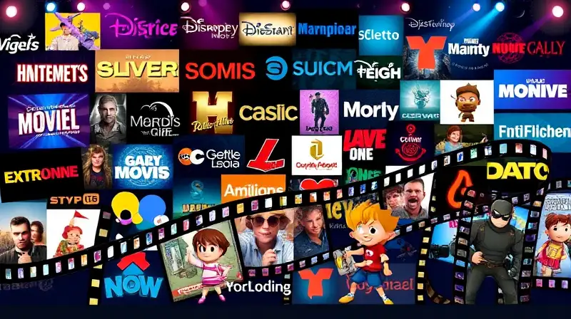 Collage colorido de logos y personajes dinámicos