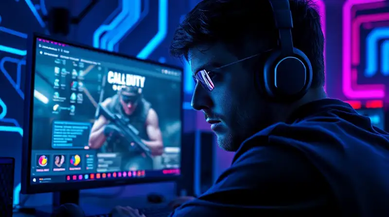 Gamer concentrado con ambiente tecnológico brillante