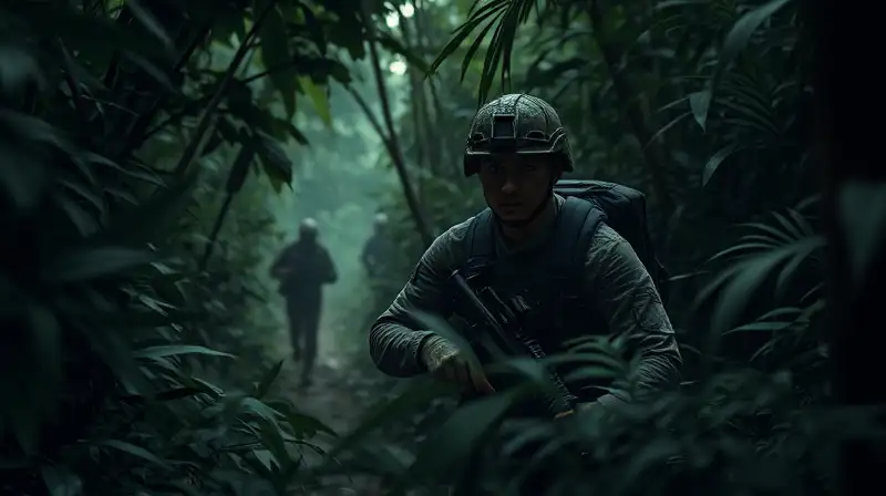 Soldado sigiloso avanza entre sombras selváticas