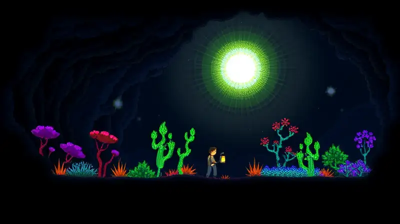 Estilo Terraria con luces y plantas bioluminiscentes