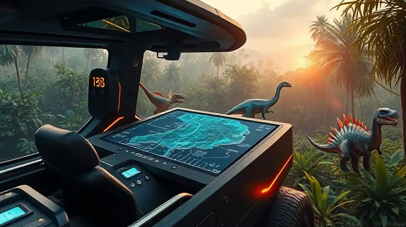 Vehículo futurista planea ruta en jungla prehistórica