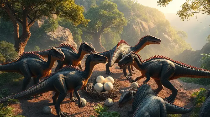 Clan de dinosaurios protege huevos en bosque