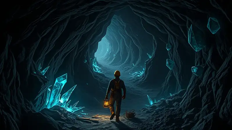 Minero explora cuevas oscuras con cristal