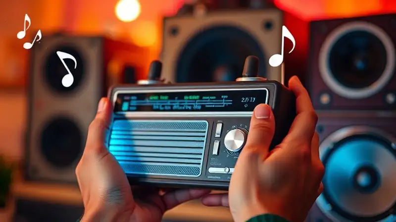 Manos sostienen radio vintage con música