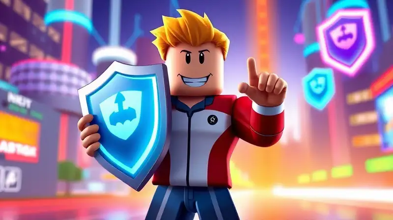 Avatar de Roblox con escudo y seguridad