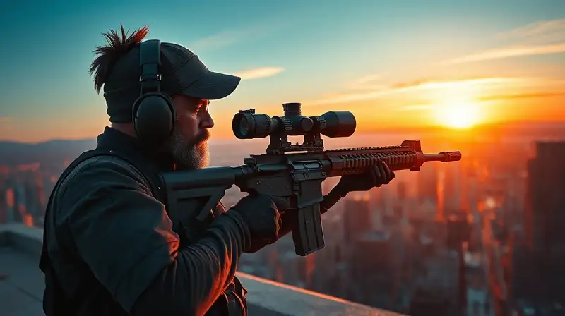 Francotirador urbano en azotea al atardecer