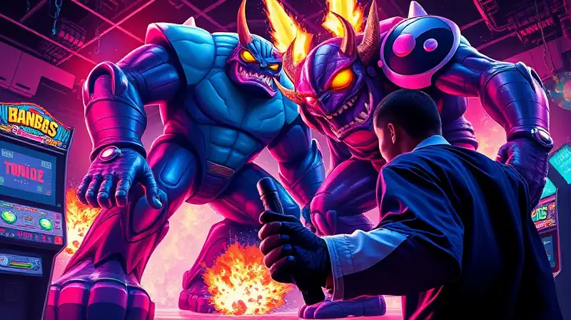 Gamer desafía jefe arcade en vibrante batalla