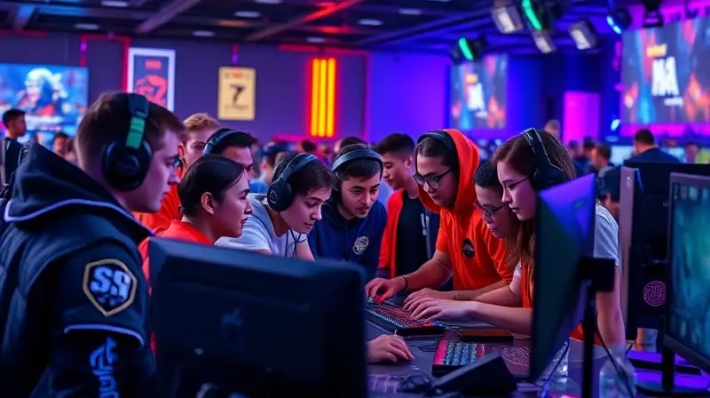Jugadores diversos colaboran en arena esports vibrante