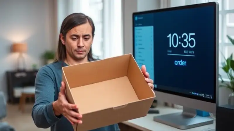 Comprador frustrado con caja vacía esperando pedido