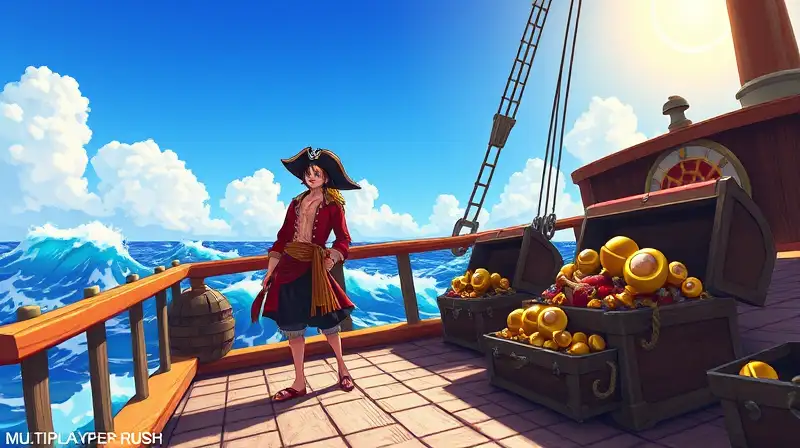 Pirata solo en barco con tesoros brillantes