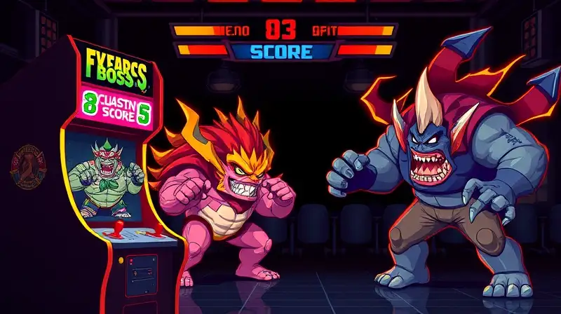Arcade clásico con jefes pixelados y acción