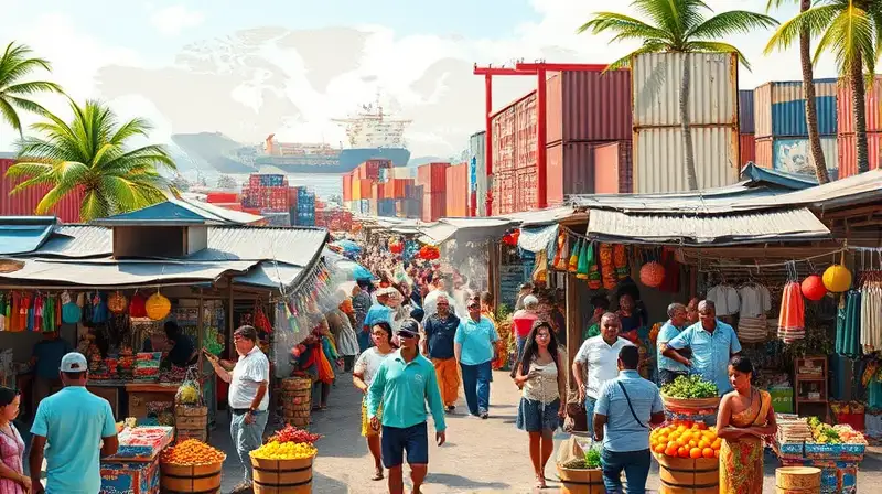 Mercado tropical vibrante mezcla tradición y tecnología