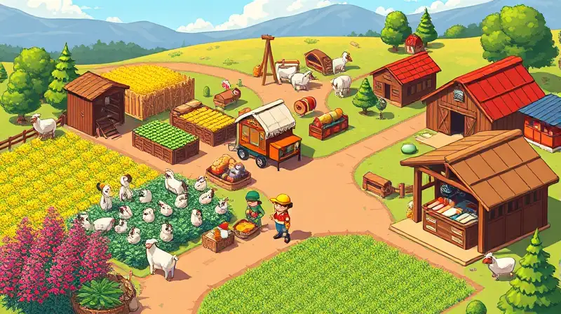 Paisaje agrícola pixelado con mercado vibrante