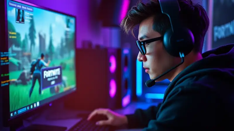 Gamer concentrado juega Fortnite en habitación futurista