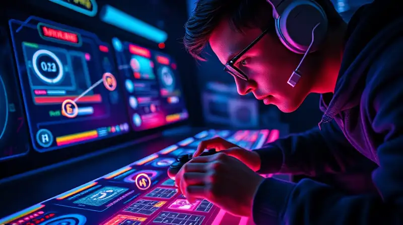Gamer concentrado resolviendo puzzles en ambiente futurista