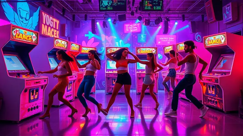 Máquinas de baile retro con luces neón