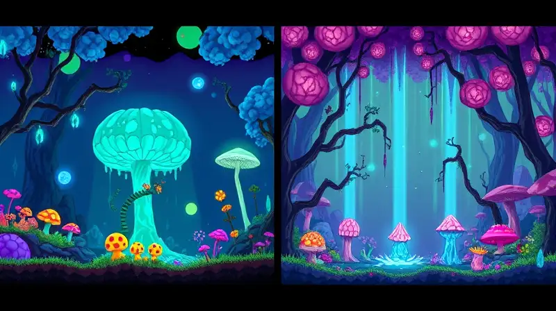 Biomas mágicos brillantes en arte pixelado