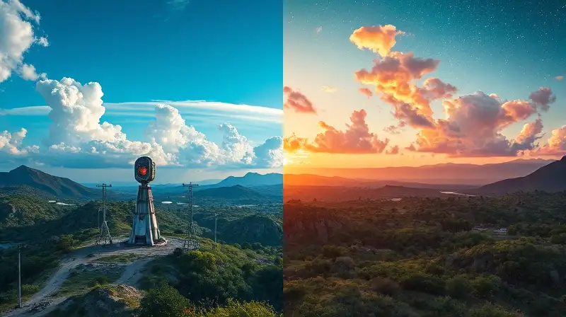 Tecnología futurista controla clima en paisajes vibrantes
