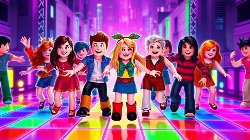 Avatares Roblox bailan felices en neón
