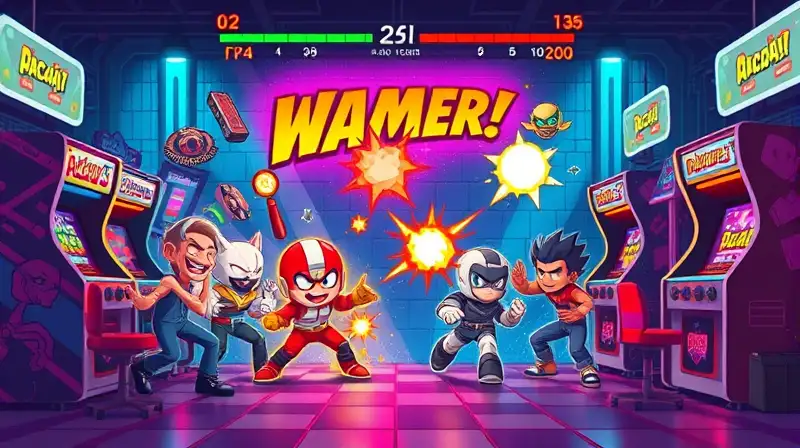 Personajes pixelados luchan en arcade vibrante