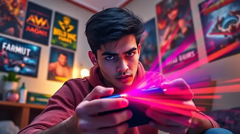 Persona jugando videojuegos portátil en ambiente colorido