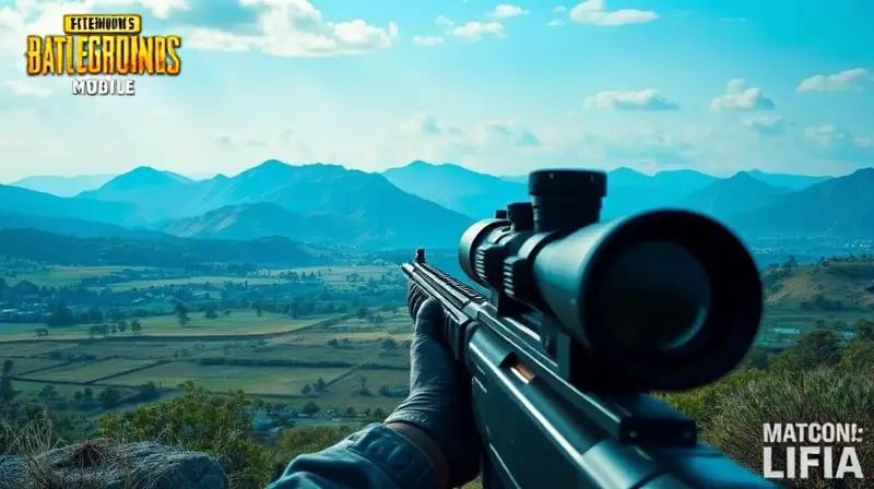 Jugador de PUBG con sniper en paisaje