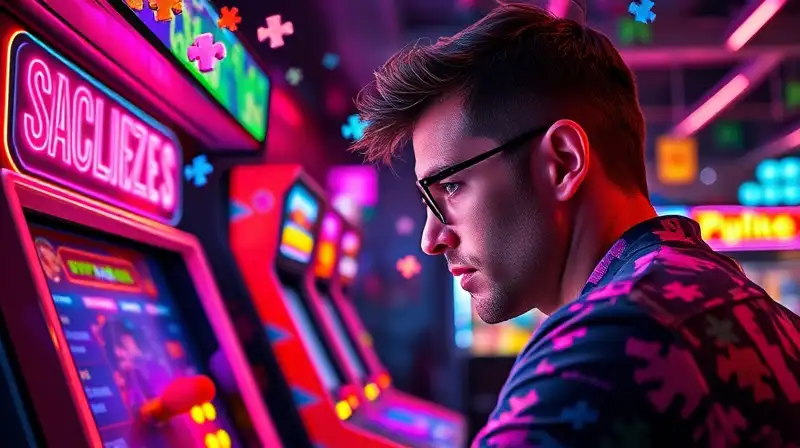 Persona concentrada en máquina arcade colorida