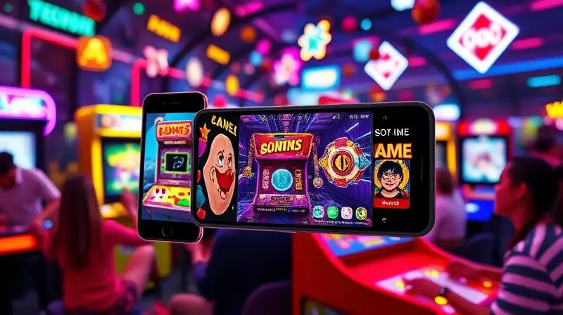 Móviles coloridos con juegos arcade vibrantes