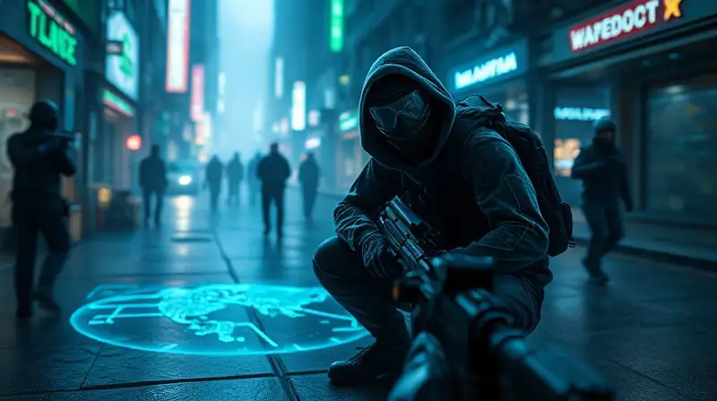 Jugador furtivo de Valorant en ciudad futurista