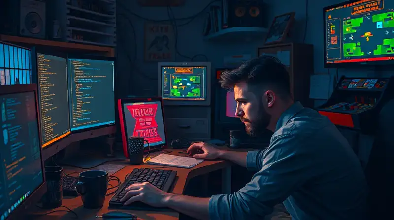 Programador indie cansado en escritorio desordenado